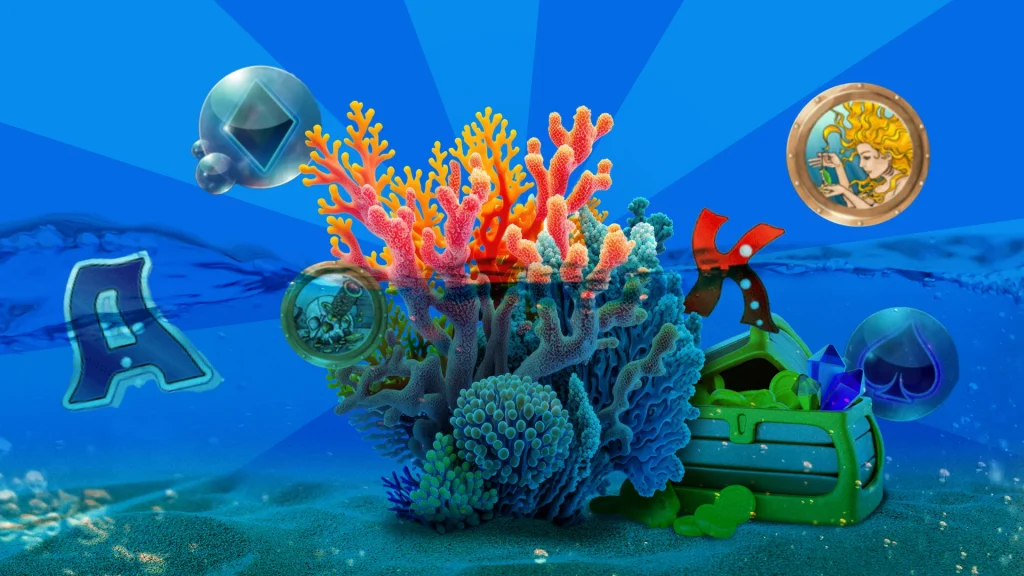 There’s a coral reef under a blue ocean with various underwater symbols surrounding it, including a sunken treasure.