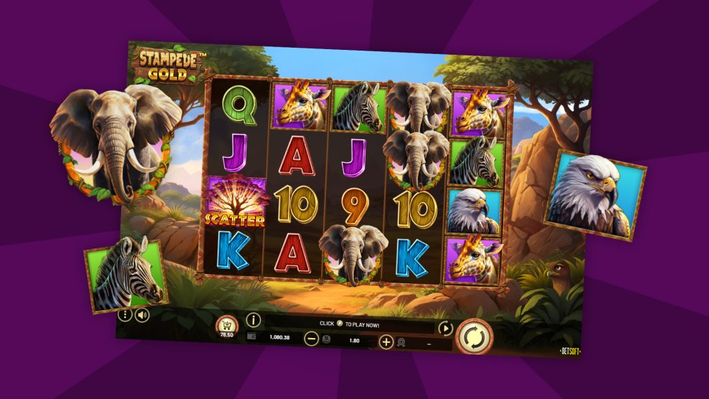 The Stampede Gold reels are displayed on a dark purple background with animal symbols