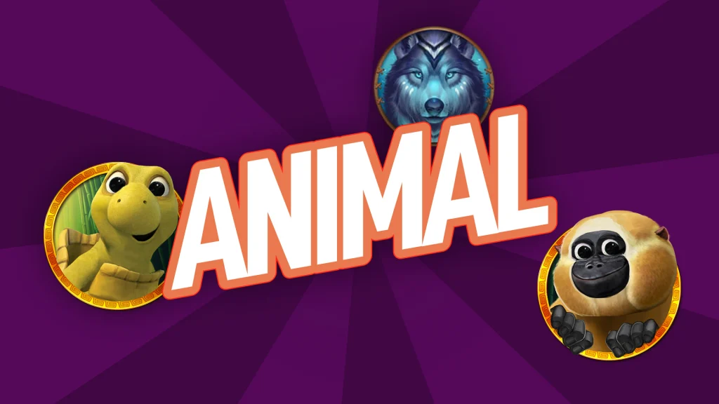 A cute turtle, mystical wolf, and fuzzy monkey surround text that says ‘ANIMAL’ in the center, and it’s all on a purple background. 