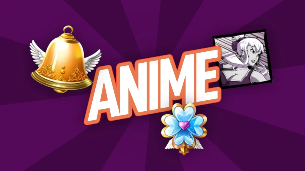 A bell, gold-rimmed flower, and black and white anime character are on a dark purple background circling text that says ‘ANIME’. 