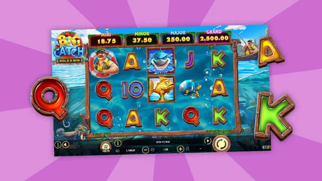 The ‘A Big Catch’ slot is in action on a light purple background.