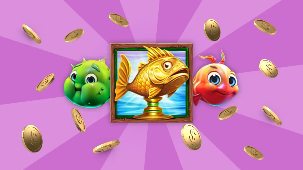 A goldfish trophy is in the center, a green fish is on the left, and a red fish is on the right. Gold coins surround the scene, and it’s all on a purple background. 