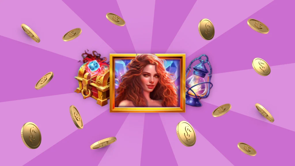 Many gold coins float around a framed picture of a red-haired sorceress, which is placed between a treasure chest and a lantern. 