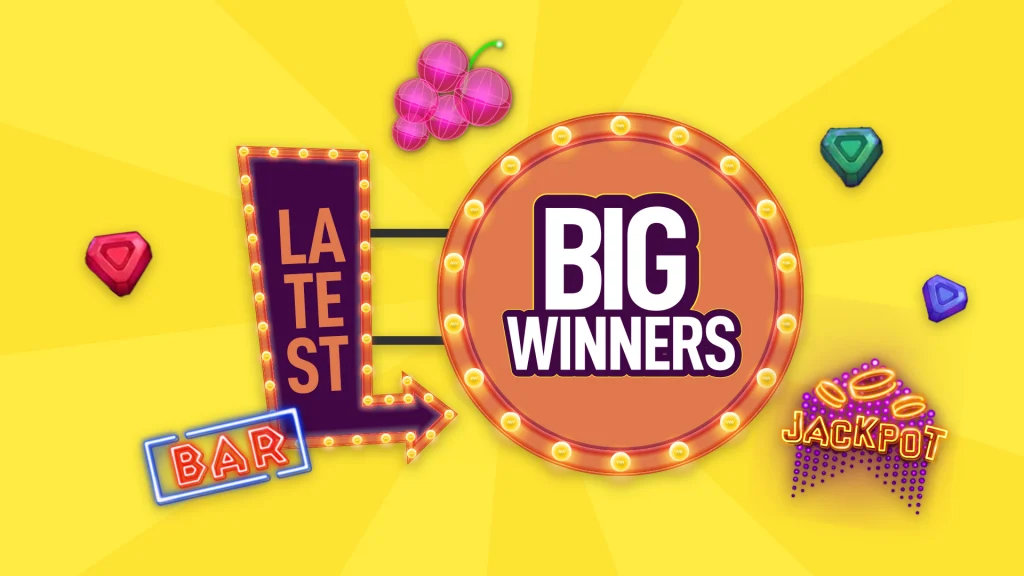 There’s a bright yellow background with various slot symbols surrounding marquee signs that say “Latest Big Winners.”