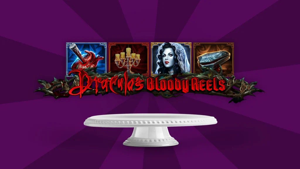 There’s a white cake tray in the center and the text ‘Dracula’s Bloody Reels’ is above it with gothic pictures lined above it. 