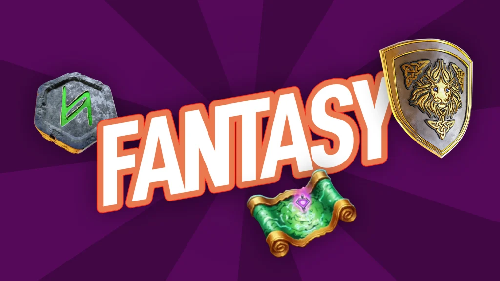 The word ‘FANTASY’ is displayed in the center with various fantasy-related symbols surrounding it, all on a dark purple background. 