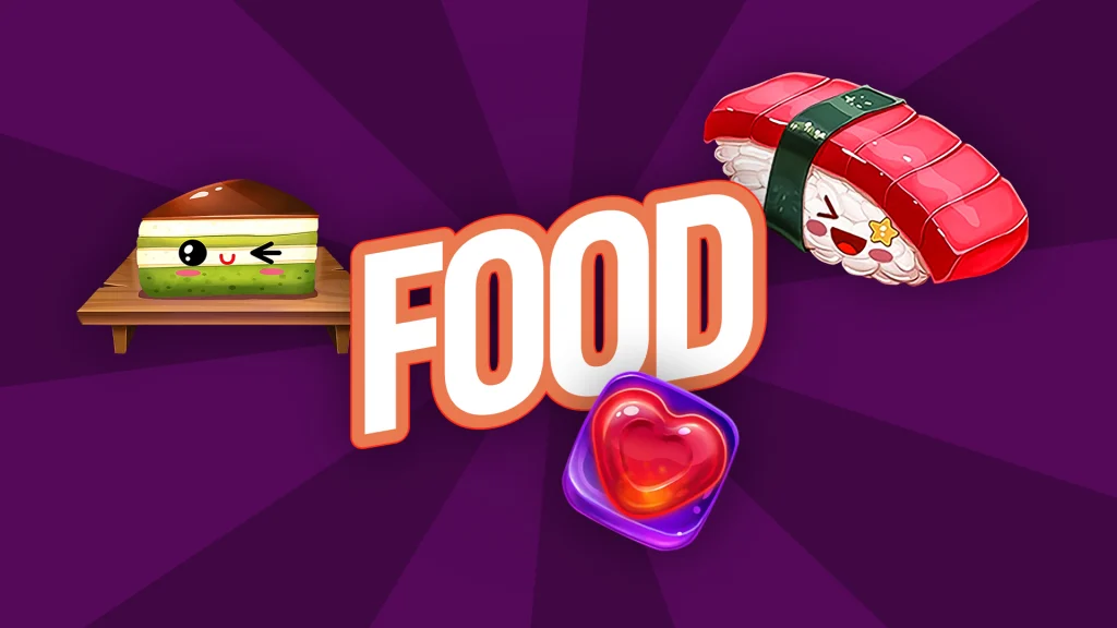 There’s a dark purple background with pieces of sushi around text that says ‘FOOD’ in the middle. 