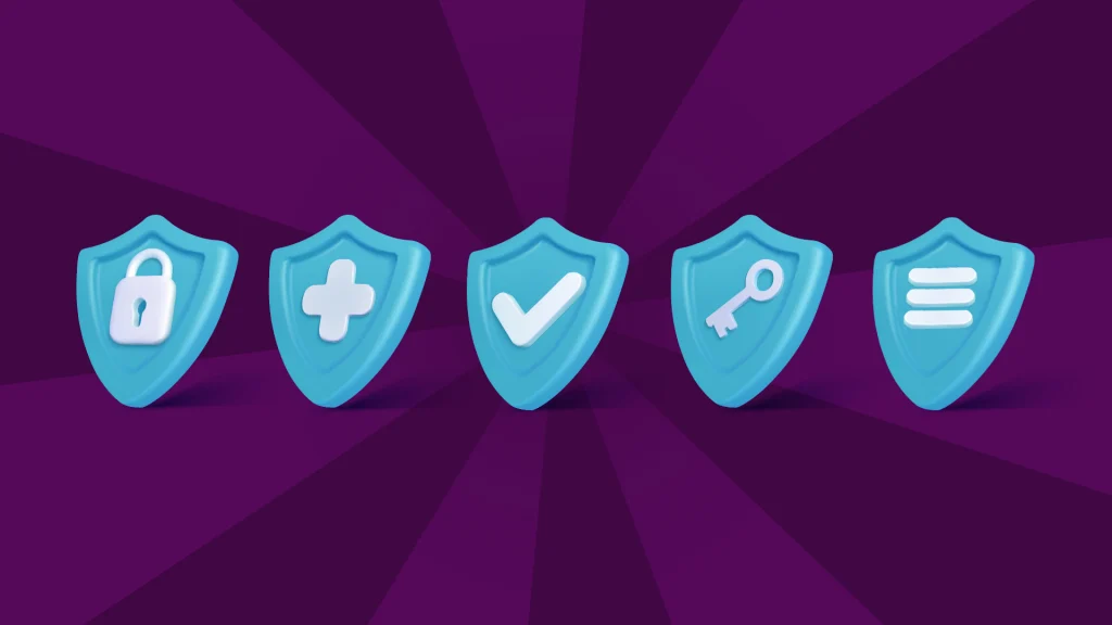 5 blue badges feature a lock, a plus sign, a checkmark, a key and a menu sign appear on a dark purple background