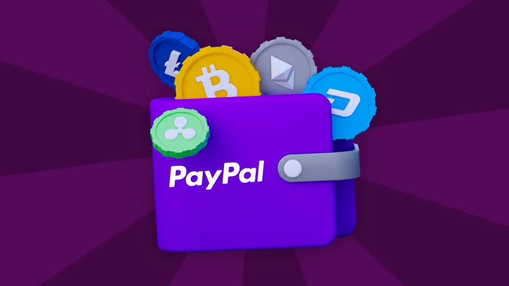 A purple wallet on a purple background with the words paypal and cryptocurrency coins falling out