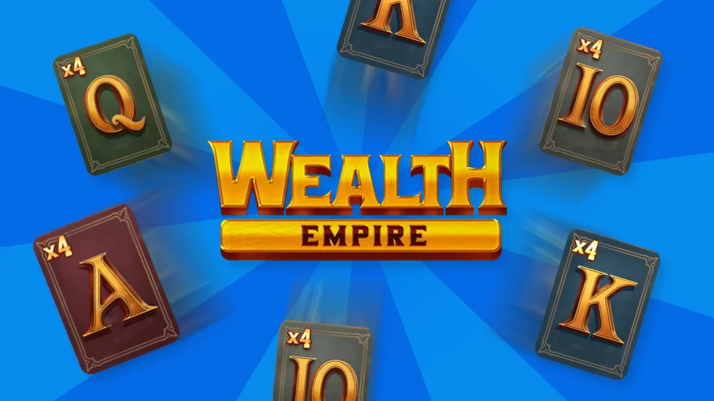 With a dark blue background we see the text ‘Wealth Empire’ and steampunk-inspired playing cards all around it.