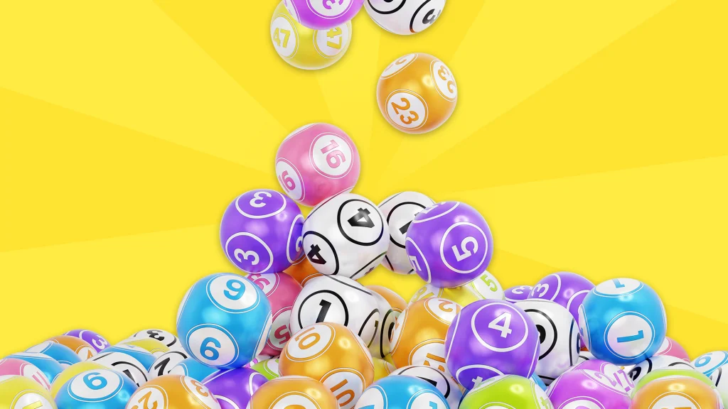 Balls of various colors have numbers from one through ten on them and they’re falling into a pile, all on a bright yellow background. 