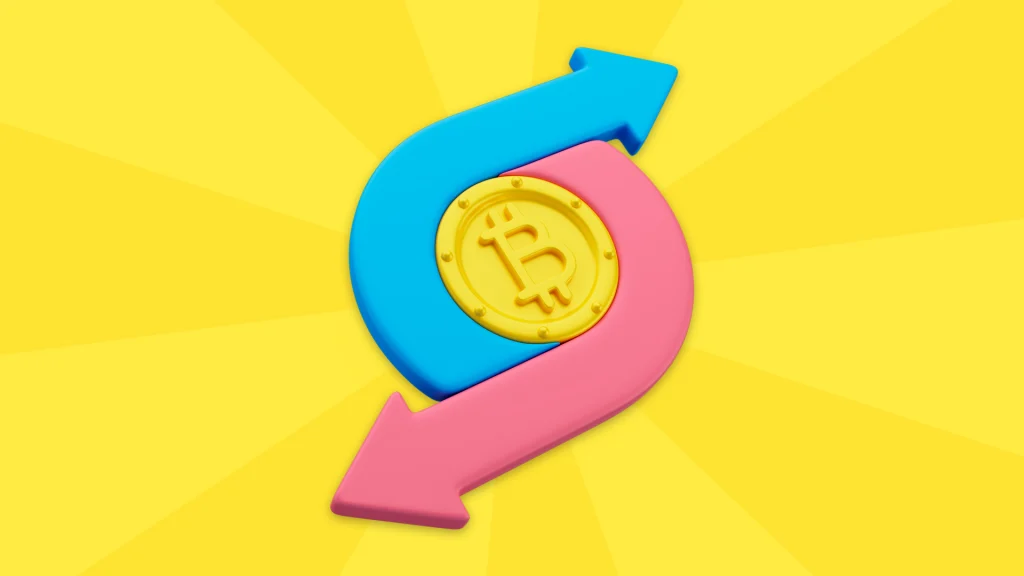 On a bright yellow background there’s a Bitcoin in the center of two arrows circling around it and pointing in different directions. 