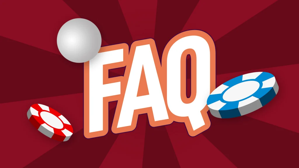 ‘FAQ’ is in bold white font in the center of a dark red background and a red and blue betting chip plus a roulette ball are on the left and right. 