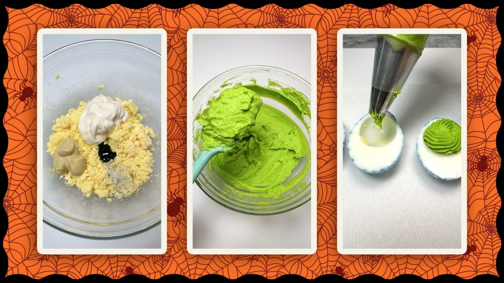 Photos show green food dye and mayonnaise being added to the yolks and placed in a piping bag