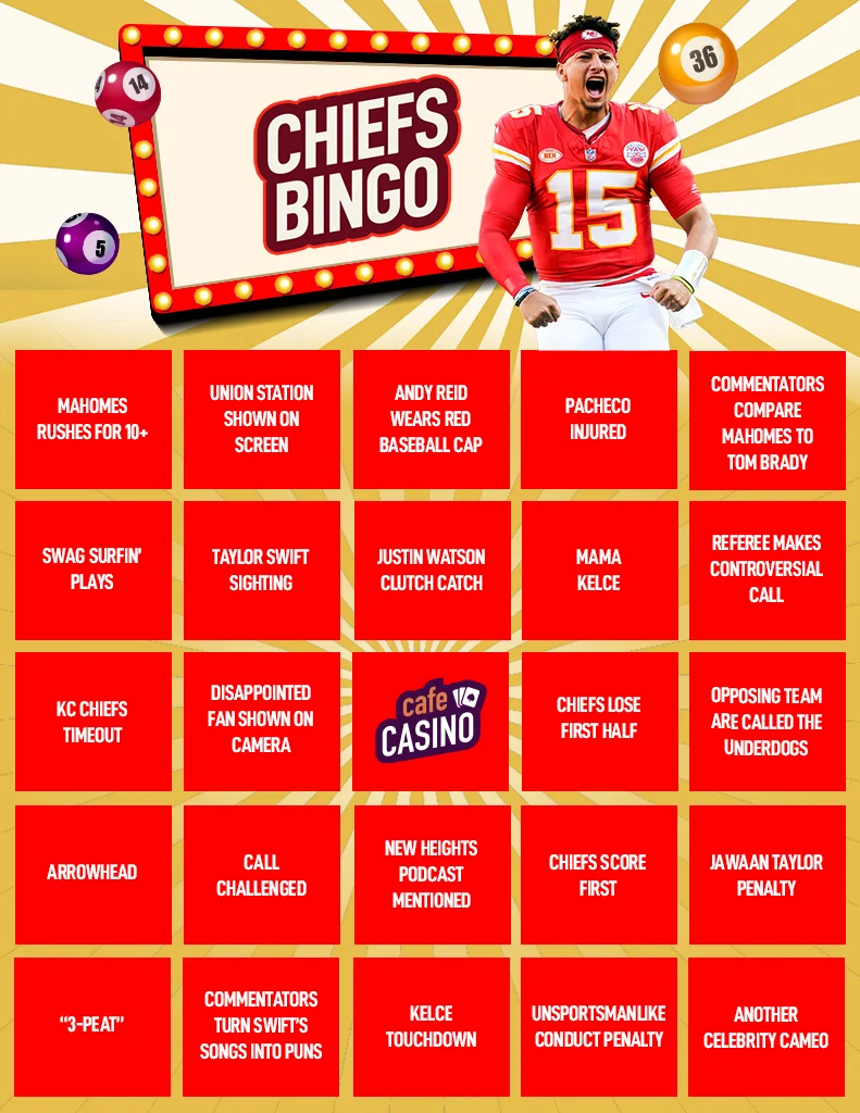 A 5x5 bingo card with a gold and white striped background and red squares with text in each of them. The title at the top says "Chiefs bingo" with Patrick Mahomes