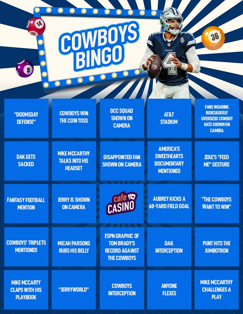 A 5x5 bingo card with a navy and white striped background and blue squares with text in each of them. The title at the top says "Cowboys bingo" with Dak Prescott