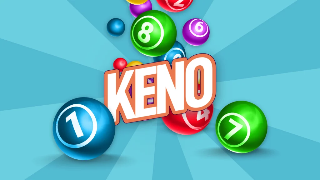 With a light blue background, there are numbered keno balls falling over words that say ‘KENO’.