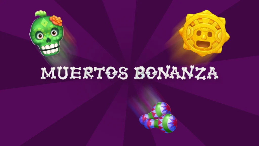 On a dark purple image, there are various symbols related to Dia de los Muertos with the text ‘Muertos Bonanza’ in the center. 