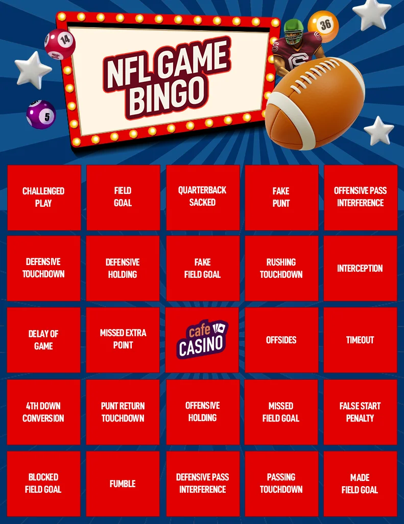 A 5x5 bingo card with a blue background and red squares with text ineach of them. The title at the top says "NFL Game Bingo" with a football and a football player