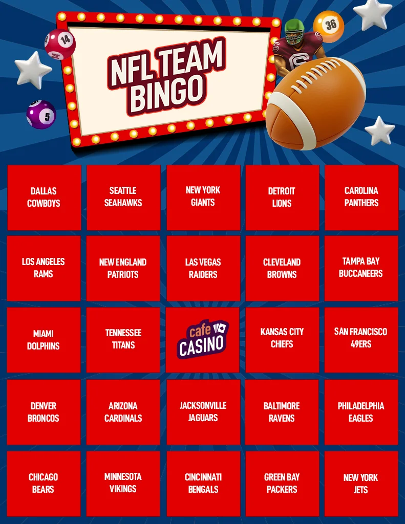 A 5x5 bingo card with a blue background and red squares with text in each of them. The title at the top says "NFL Team Bingo" with a football and a football player