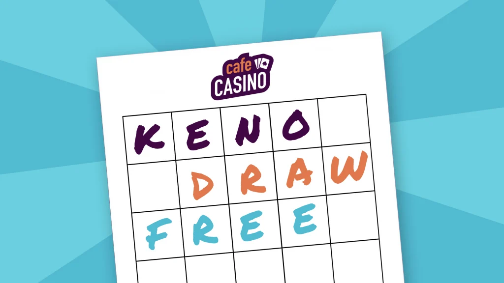 A white keno card is displayed on a light blue background, and it has the words “KENO DRAW FREE” written within the boxes. 