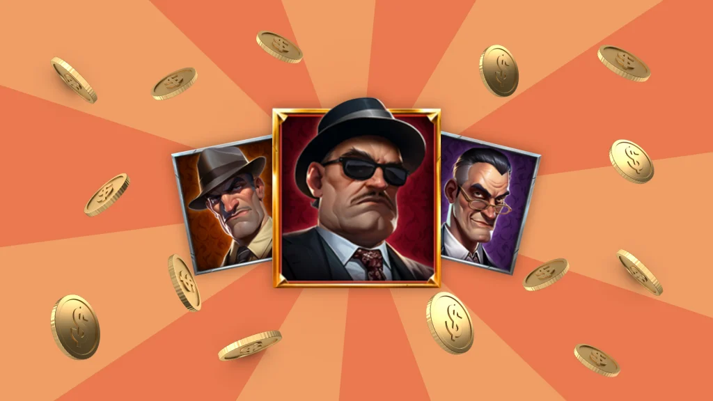 Three symbols showing gangsters are front and center on a peach background while gold coins float around on either side. 