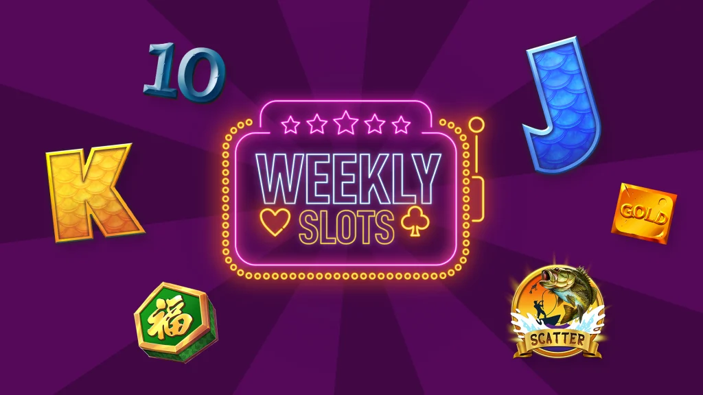 With a dark purple image, there’s a marquee in the center with the text ‘Weekly Slots’ in lights. Slot symbols surround it.