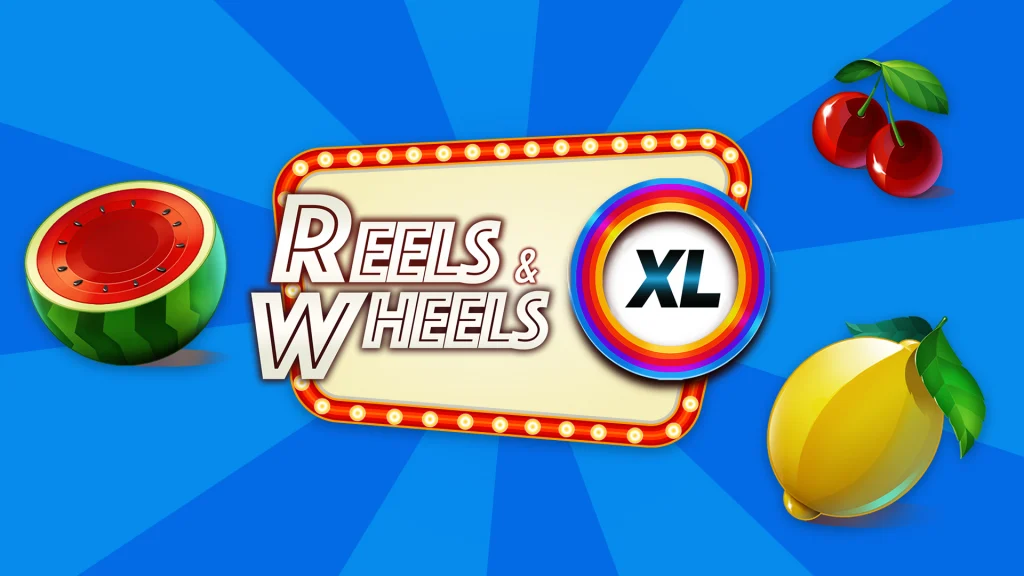 A lit-up marquee on a blue background says “Reels & Wheels XL,” and a watermelon, lemon, and bundle of cherries are situated around it. 