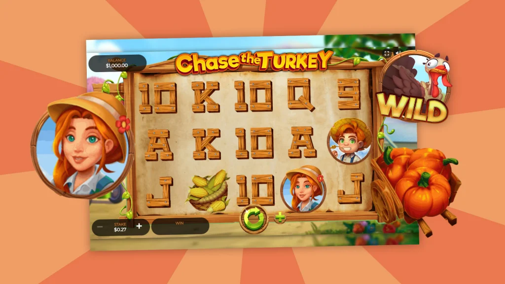 A slot game in action is displayed in the center of a peach image along with enlarged images of a woman in a straw hat, pumpkins, and a turkey that says ‘WILD’. 