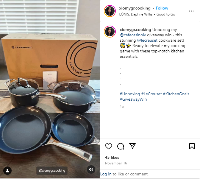 Xiomygyr.cooking instagram post of her unboxing le creuset set from Cafe Casino