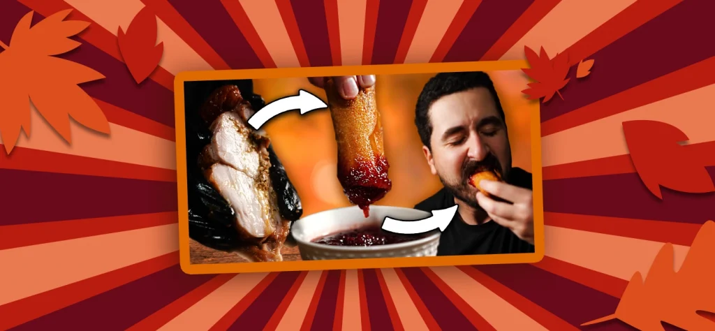 arrows point from the turkey, to the egg roll dipped in cranberry sauce to Jason eating the leftover turkey roll