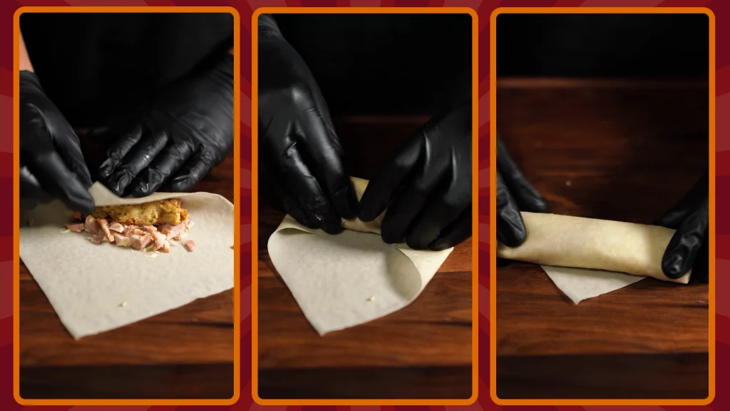 showing the process of wrapping the left over thanksgiving ingredients in an egg roll