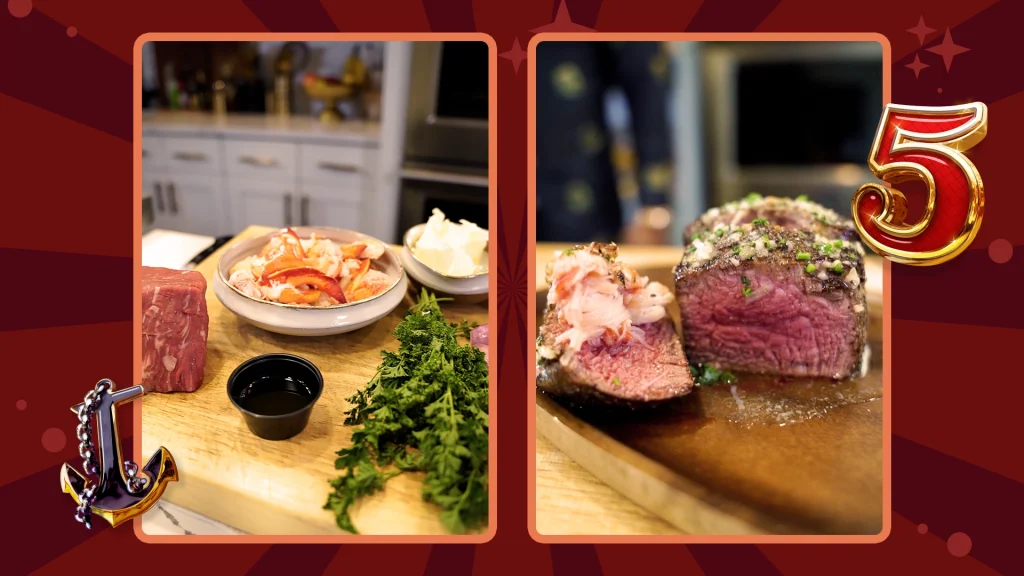 2 photos featuring a bowl of lobster meat and a rare filet mignon on a red background