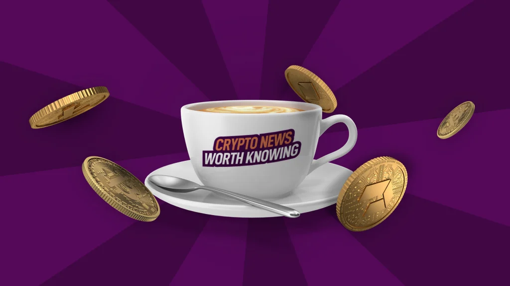 A cappuccino in a white porcelain cup is on a white plate with a mini spoon. Five gold coins float around the cup on a dark purple background.