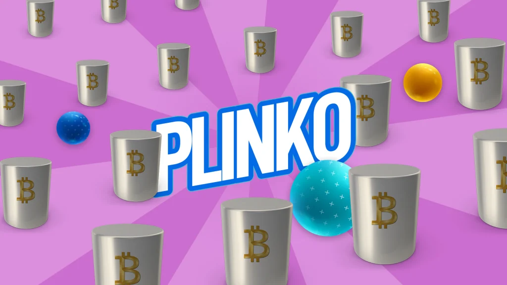 On a light purple image, silver cups with the Bitcoin logo are populated around white block letters that say “Plinko.” Three Plinko balls lie between the cups.