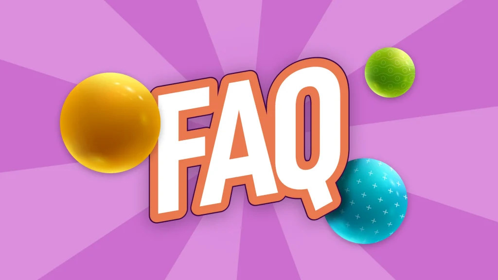 Plinko balls surround white block letters that say, “FAQ.” and it’s all displayed on a light purple image. 