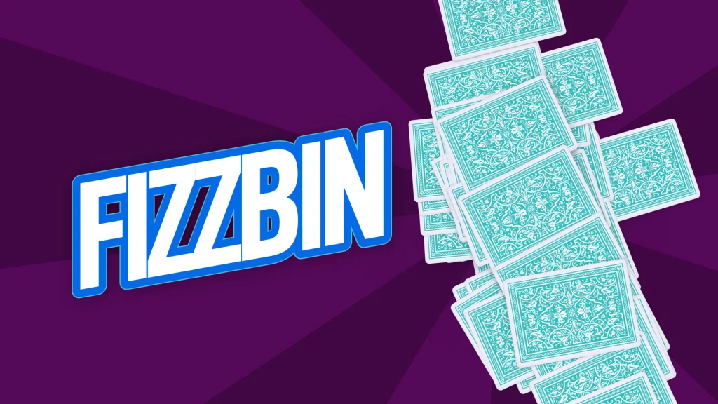 White text to the left of a dark purple image says, “Fizzbin,” and a vertical line of light blue cards are spread to its right. 