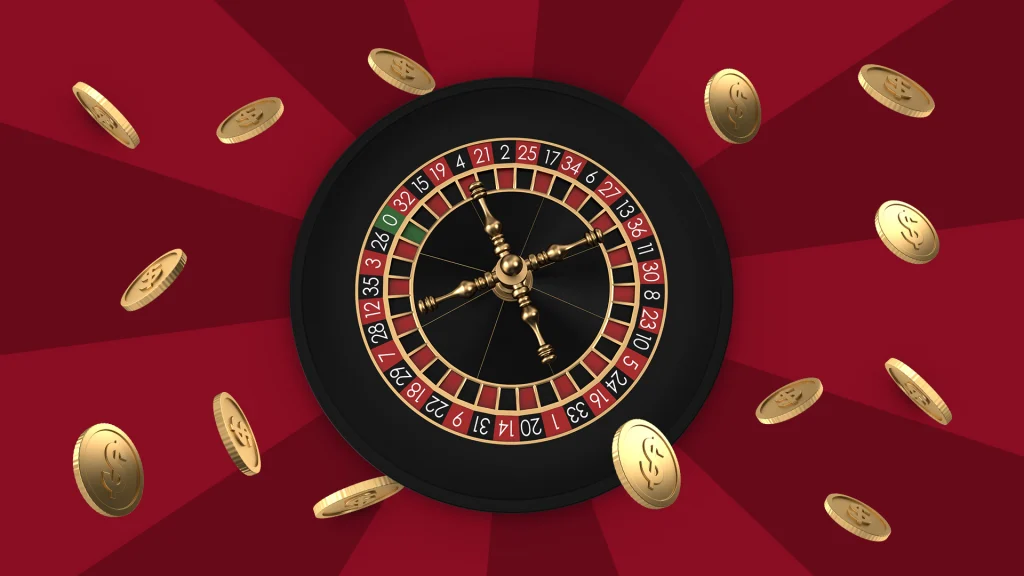 On a black circle in the center of a dark red image is a real roulette wheel, and gold coins are floating all around the image. 