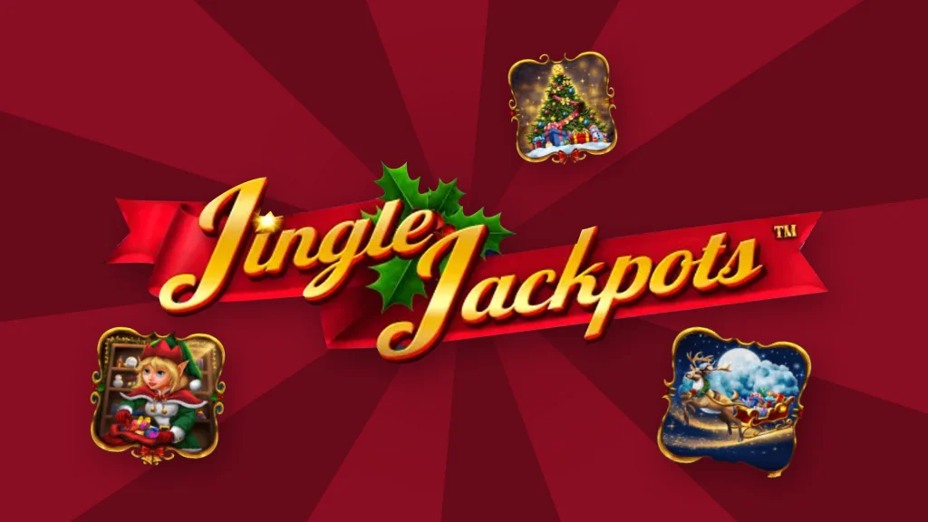 The text “Jingle Jackpots” is displayed in the center of a dark red image. Above and below the text are images of an elf, a Christmas tree, and a snowy night. 