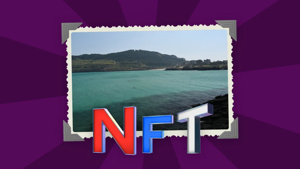 The letters “NFT” in red, blue, and white are displayed in front of a postcard image of a tropical island, and that’s hanging on a dark purple background. 