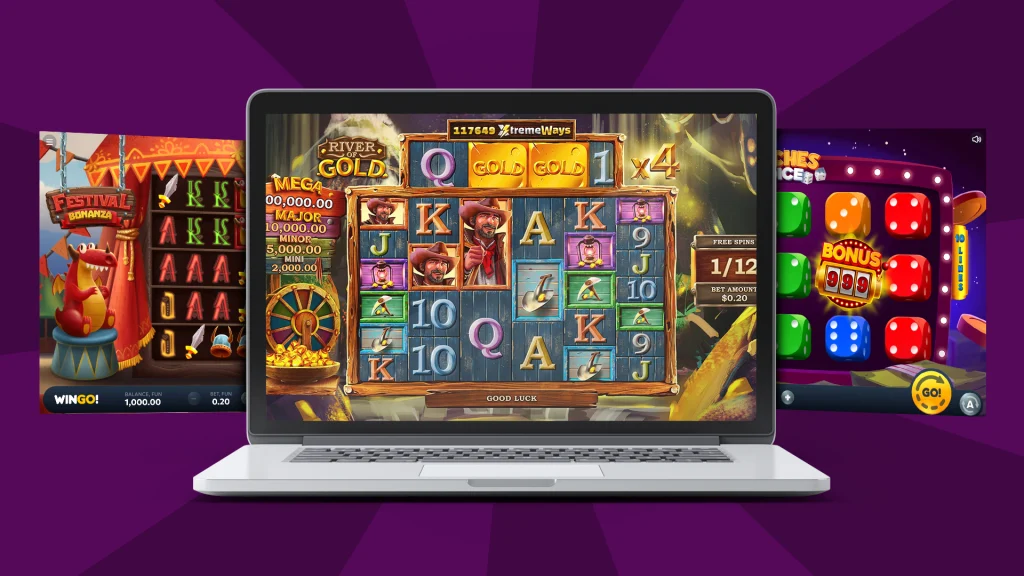 On a dark purple background, a laptop shows the “River of Gold” slot game in action. Behind it are two more slot games in action. 