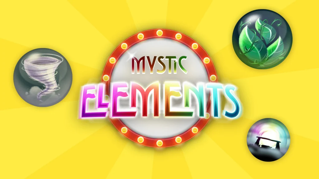 Slot symbols showing a tornado, leaves, and rock formations are on a bright yellow background and surrounding a sign lit up in the middle that says, “Mystic Elements.”