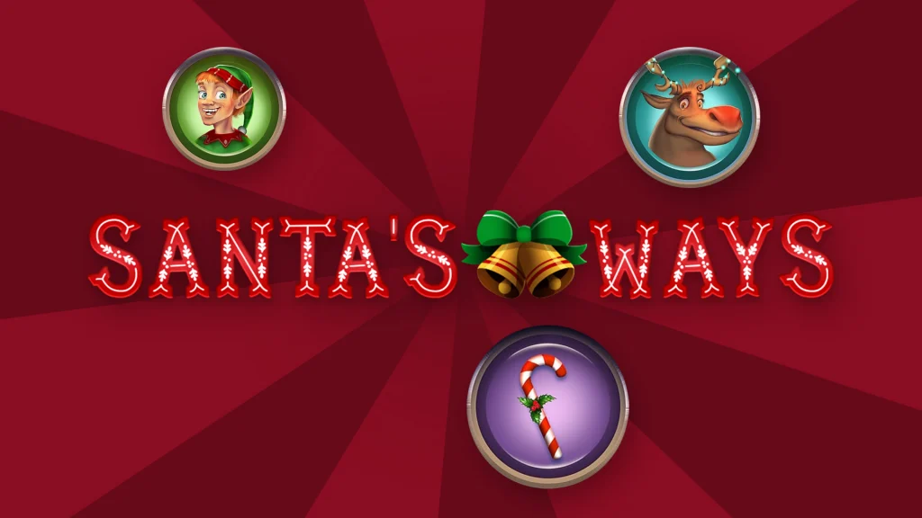 Symbols showing an elf, candy cane, and reindeer are on the top and bottom of a red image, and in the center is text that reads, “Santa’s Ways.”