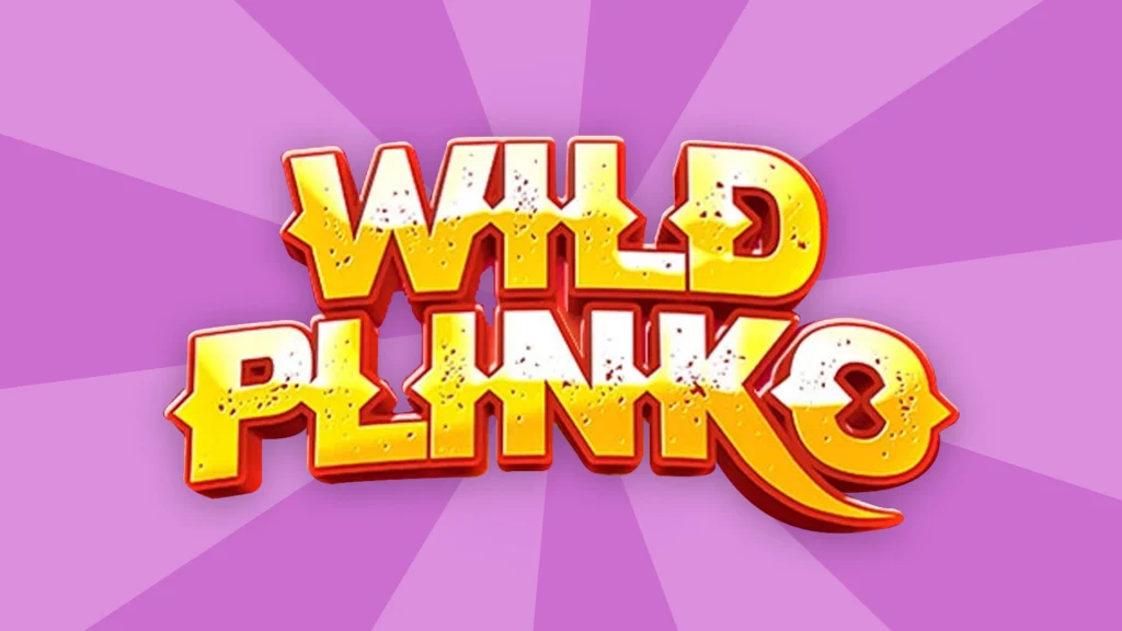 Yellow-gold block letters in the center of a light purple background say, “Wild Plinko.”