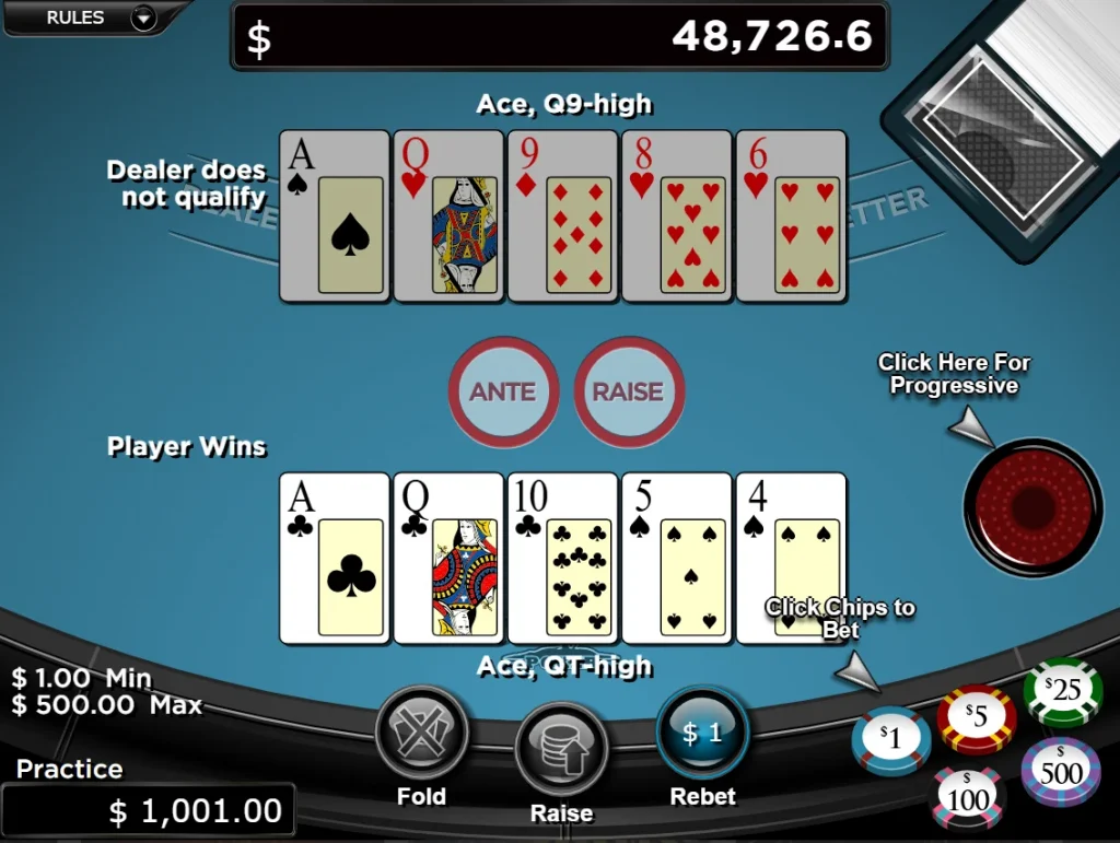 Cafe Casino's caribbean stud poker gameplay where player wins as dealer does not qualify