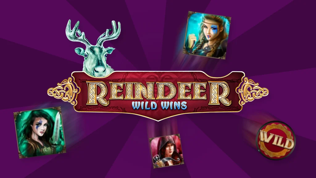 On a dark purple background, a red sign in the center says, “Reindeer Wild Wins,” and behind it are symbols of huntresses and glowing reindeer. 