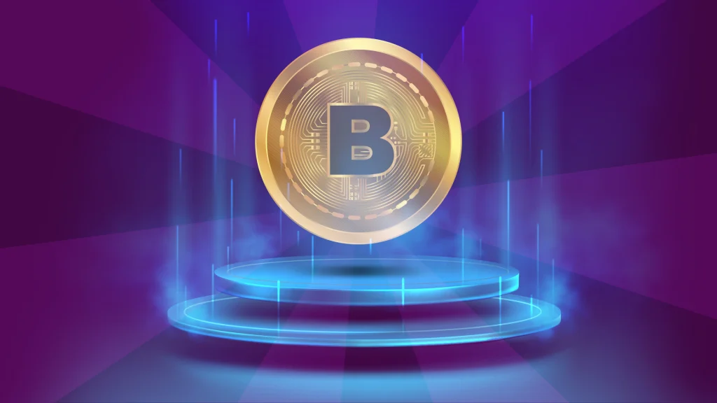 In a dark purple image, there are two platforms emitting a glowing blue light. In the center of the light is a big gold Bitcoin. 