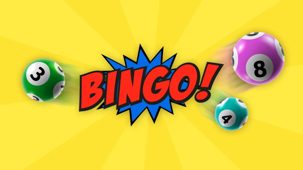 There’s a bright yellow image with three colored bingo balls surrounding red block letters that say, “BINGO!” and a blue explosion graphic behind it.