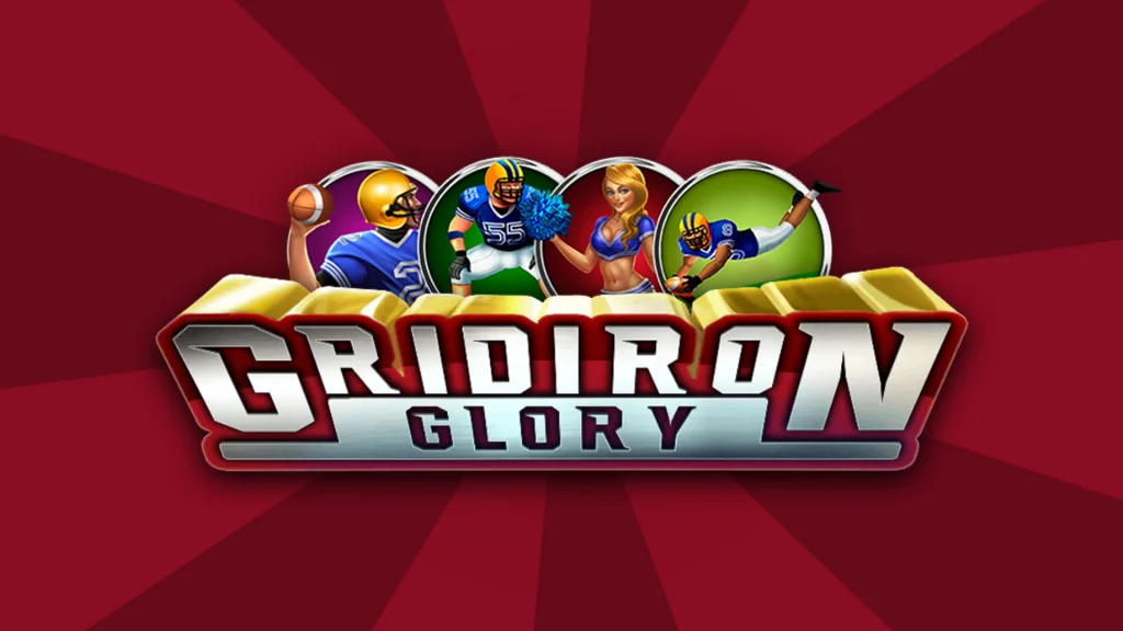 Three football players and one cheerleader in action are represented in circular symbols above text that reads, “Gridiron Glory.” Everything is displayed on a dark red background. 