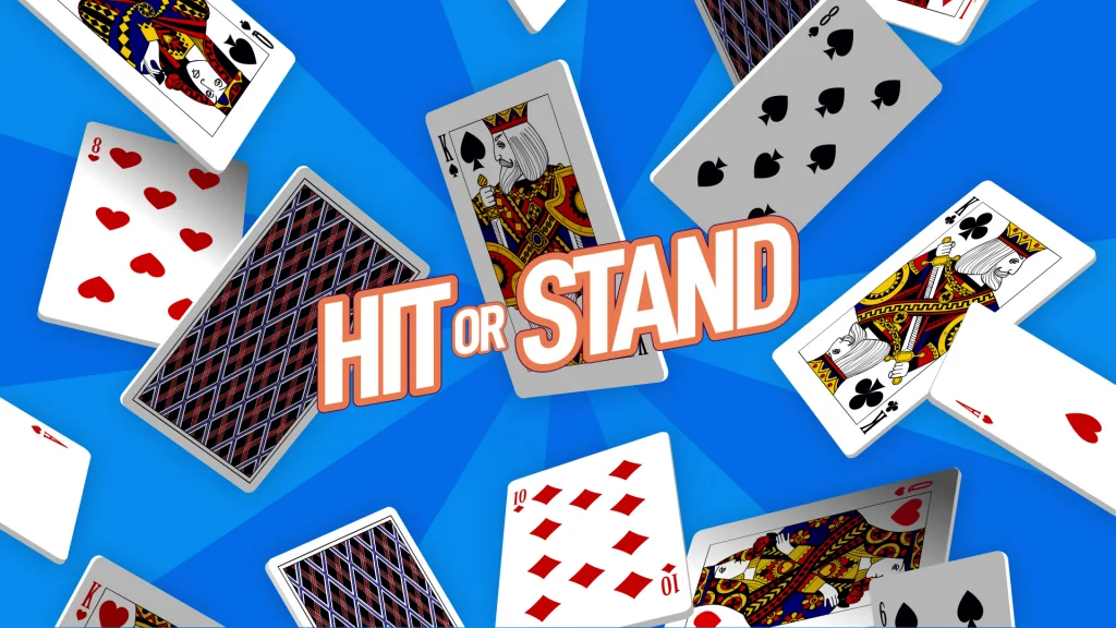 In a blue image, there are cards from a deck floating around white block letters that say, “Hit or Stand?”